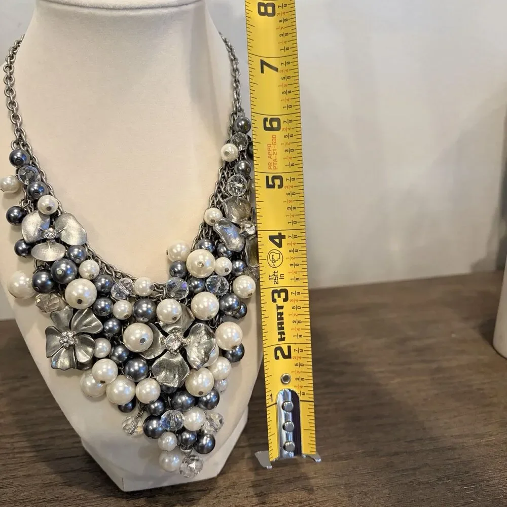 Vintage Vince Camuto Floral Pearl Cluster Statement Bib Necklace Gunmetal